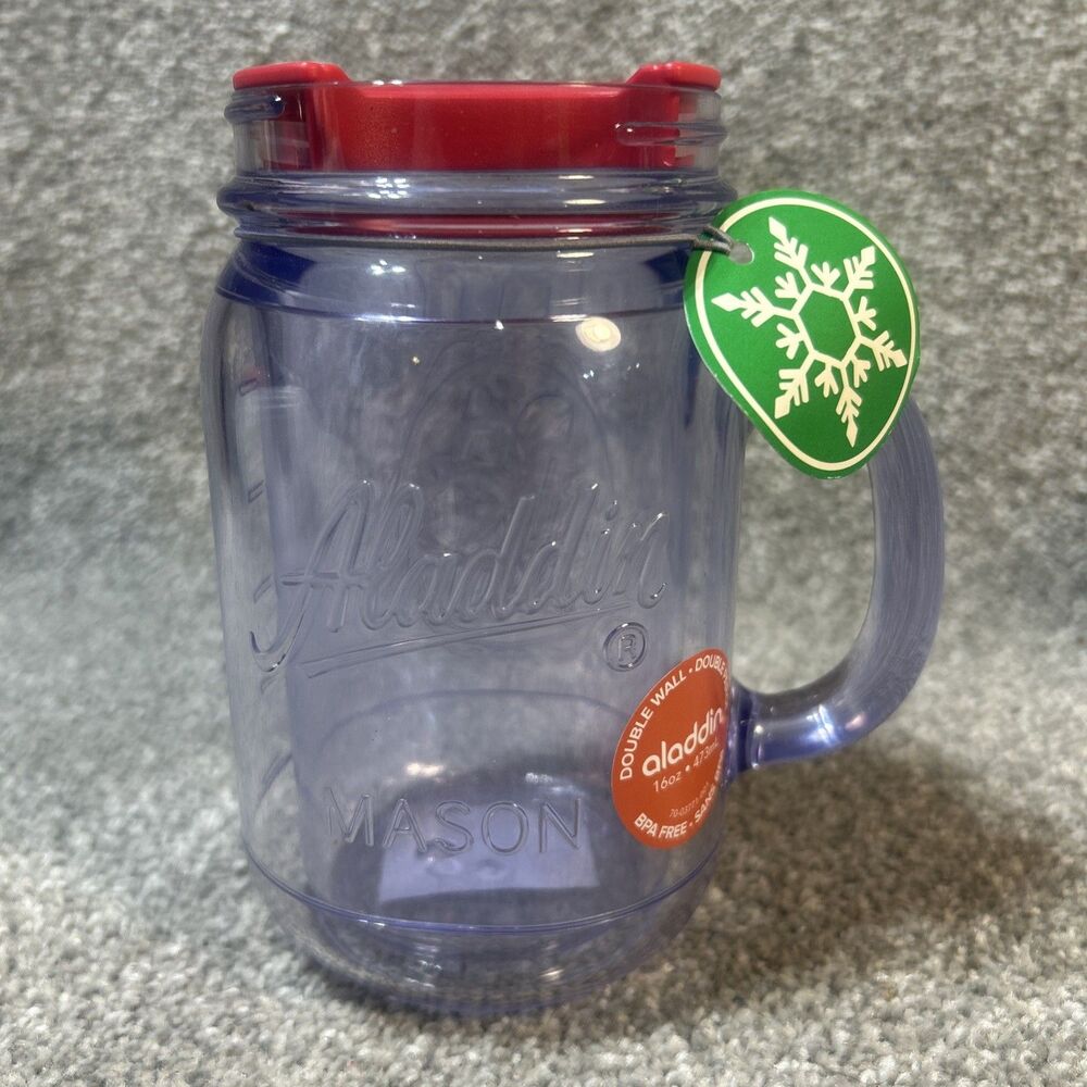 Aladdin Mason Jar 16oz Clear Red Lid Mug Tumbler Double Wall NEW